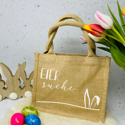Osterkörbchen Frohe Ostern - Eiersuche - Hasenjagd - Jutebeutel mit Osterhasen Ohren - Geschenk Geschenkverpackung nachhaltig Osterkorb