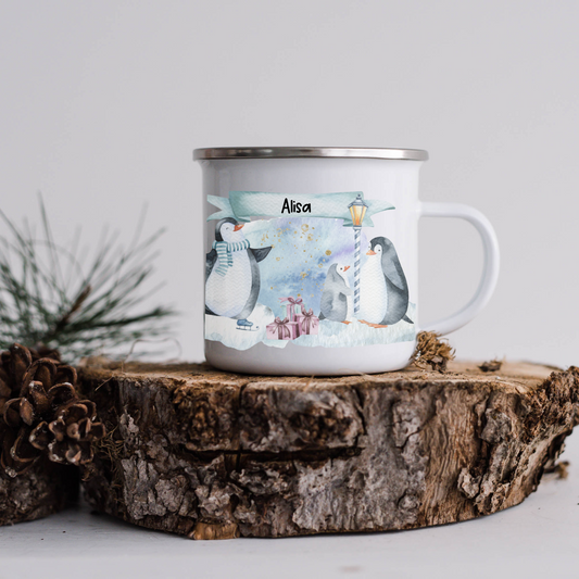 Weihnachten Kinderbecher mit Pinguin und Namen - Tasse Emailletasse Kindertasse Becher personalisiert - Christmas Mug