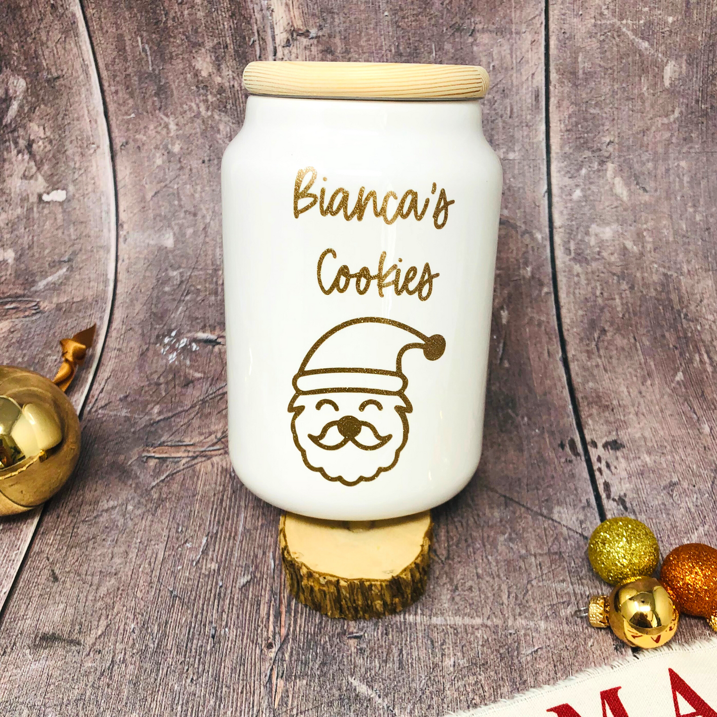 Keksdose personalisiert mit Santa und Wunschtext, Geschenk Weihnachten, Mama, Oma, Plätzchendose, Vorratsdose Keramik mit Holzdeckel