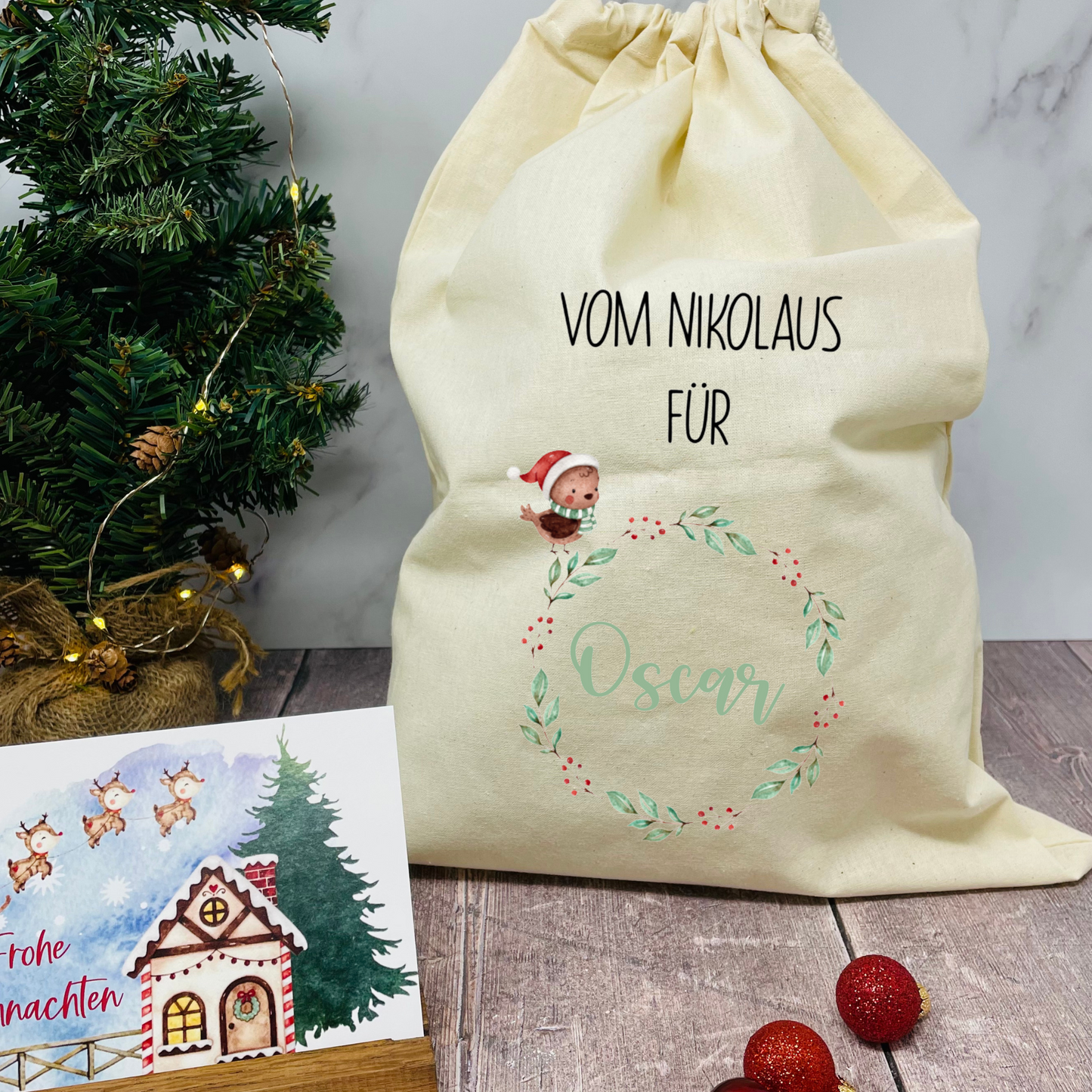 personalisierter Beutel für Nikolaus Weihnachten - ideal als kleine Geschenkverpackung, für Süßigkeiten oder Geld - zwei Designs mit Namen