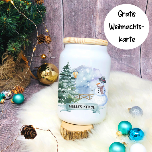 Keksdose personalisiert mit Namen, Geschenk, Mama, Oma, Plätzchendose, Vorratsdose Keramik mit Holzdeckel - Design Schneemann