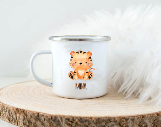 Emaille Kinderbecher mit Namen und Tier Safari - Tasse Emailletasse Kindertasse Becher personalisiert