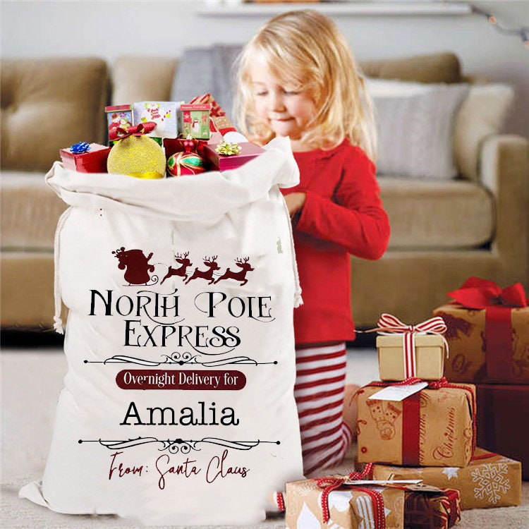 Nikolaussack Weihnachtsmann Sack Geschenkbeutel Weihnachten Jutesack groß Santa personalisiert mit Namen - North Pole Express