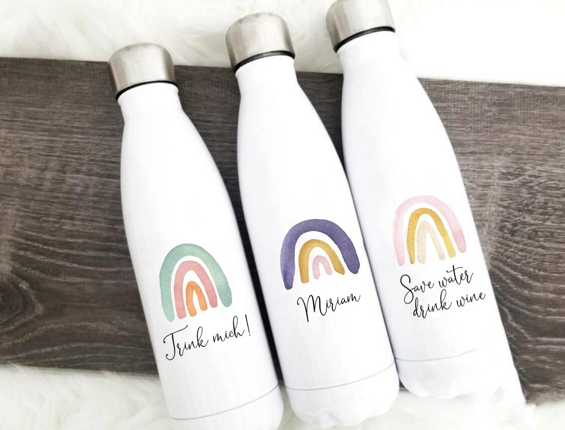 Thermoskanne Trinkflasche personalisiert mit Regenbogen und Namen - toll für Schule, KiTa - Geschenk für die Kollegen im Home office T1