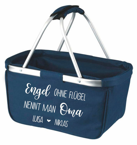 Geschenk für die Oma - Einkaufskorb Engel ohne Flügel nennt man Oma - faltbar - Farbe blau navy - auch personalisiert mit Namen der Enkel