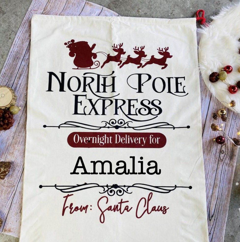 Nikolaussack Weihnachtsmann Sack Geschenkbeutel Weihnachten Jutesack groß Santa personalisiert mit Namen - North Pole Express