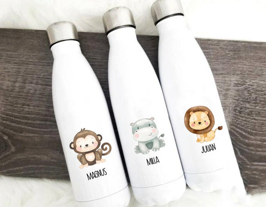Praktische Trinkflasche aus Edelstahl - personalisiert mit Namen und Safari Tier - toll für Schule, Kindergarten und Freizeit
