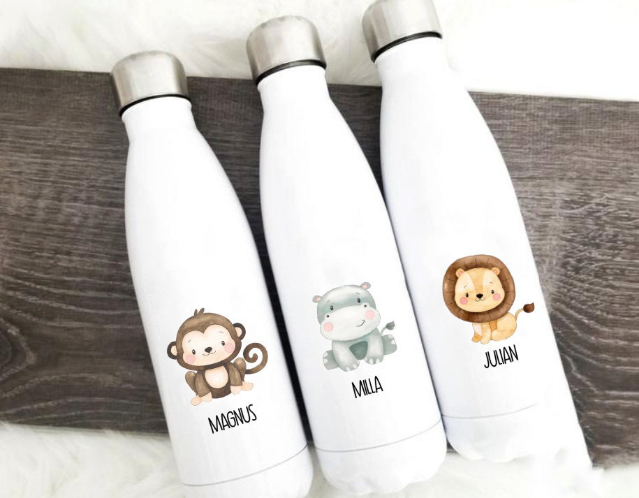 Thermoskanne Trinkflasche Edelstahl personalisiert mit Namen und Safari Tier - toll für Schule, Kindergarten und Freizeit - T1