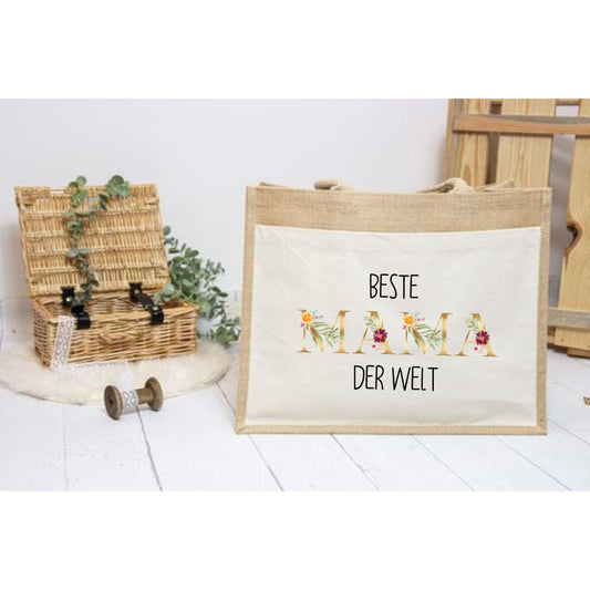 Mini Shopper "Beste Mama der Welt" kleine Einkaufstasche aus Canvas und Jute mit floralen Buchstaben