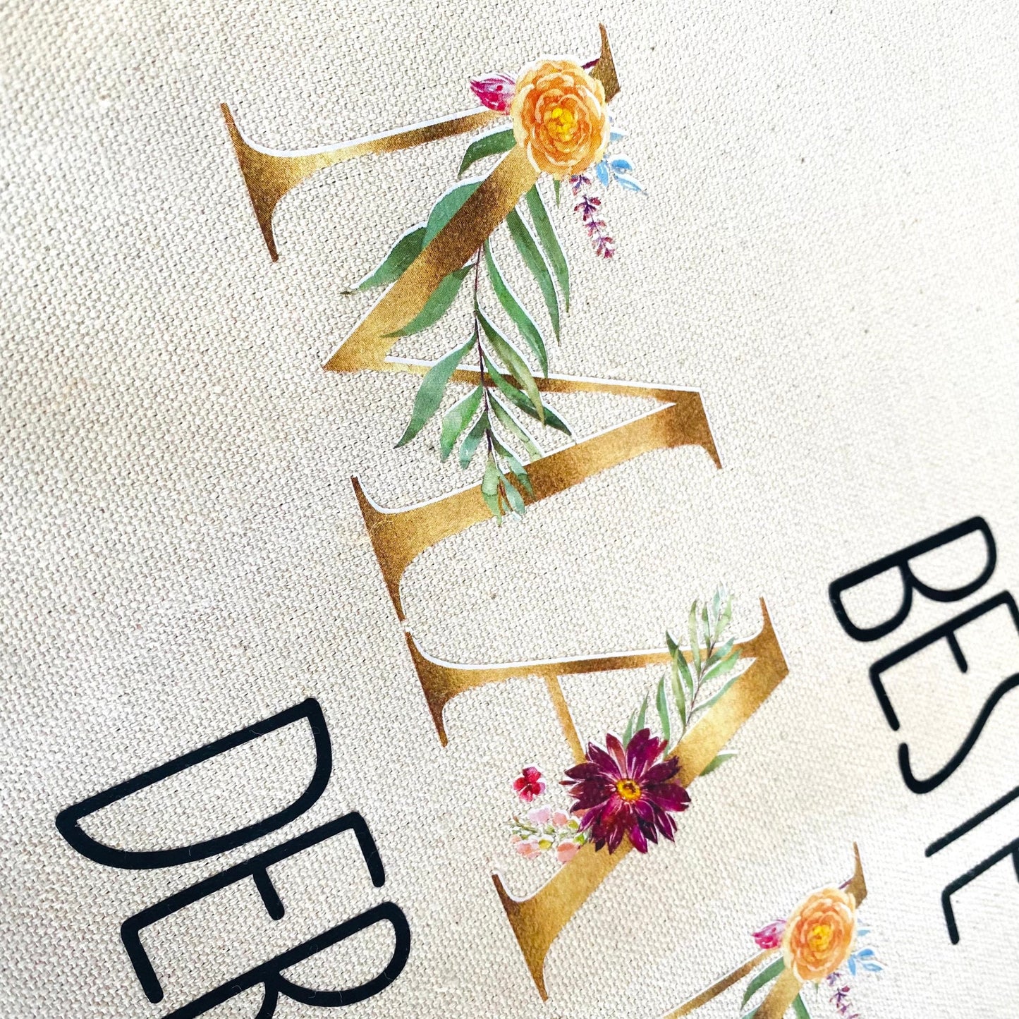 Mini Shopper "Beste Mama der Welt" kleine Einkaufstasche aus Canvas und Jute mit floralen Buchstaben
