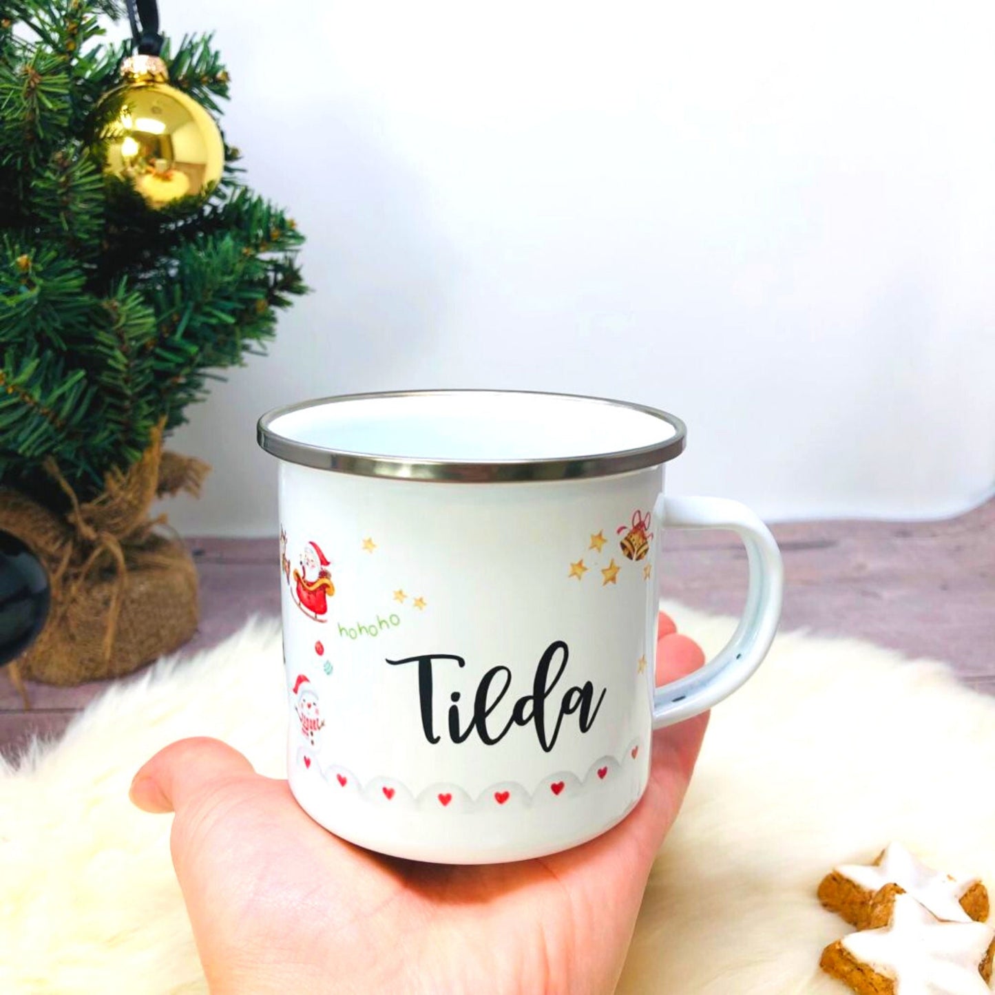 Weihnachten Kinderbecher mit Namen - Tasse Emailletasse Kindertasse Becher personalisiert