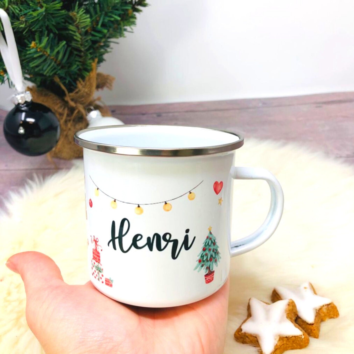 Weihnachten Kinderbecher mit Namen - Tasse Emailletasse Kindertasse Becher personalisiert