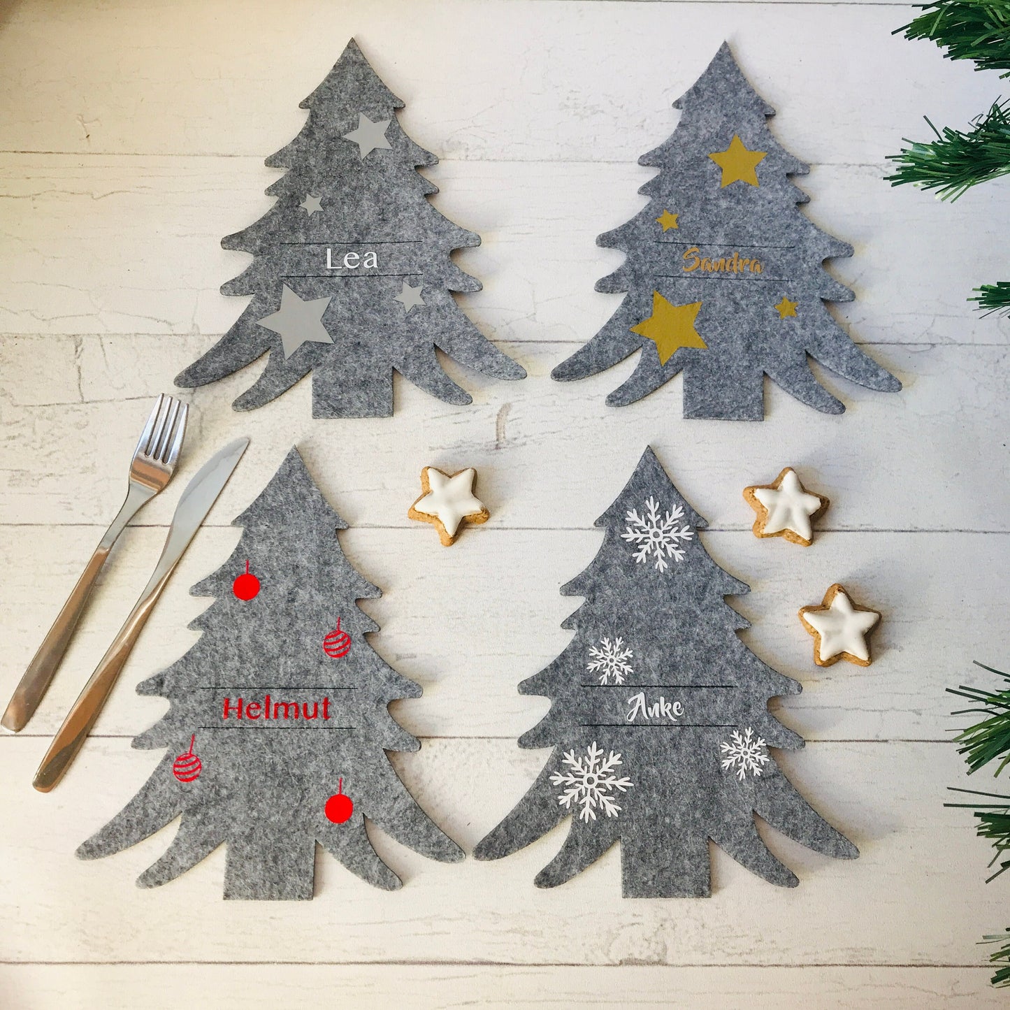 Tannenbaum Besteckhalter Set für Weihnachten aus Filz - personalisiert mit Namen - perfekt als Platzkarte - Design Sterne