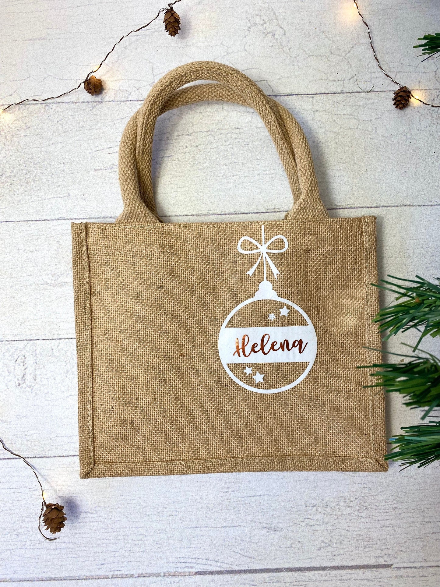 Jutebeutel Tasche aus Jute klein - personalisiert mit Weihnachtskugel und Namen - persönliche Geschenkverpackung - nachhaltig