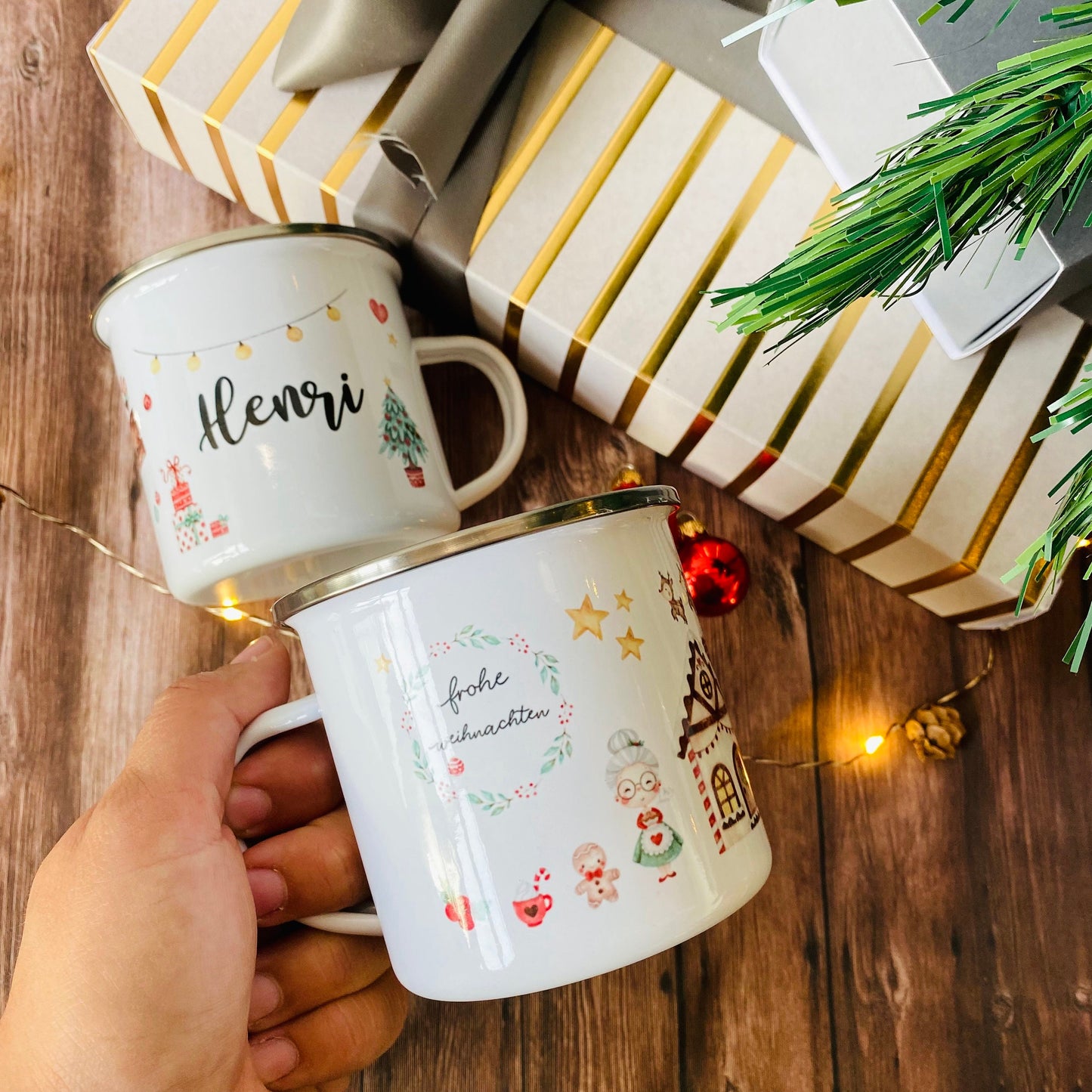 Weihnachten Kinderbecher mit Namen - Tasse Emailletasse Kindertasse Becher personalisiert