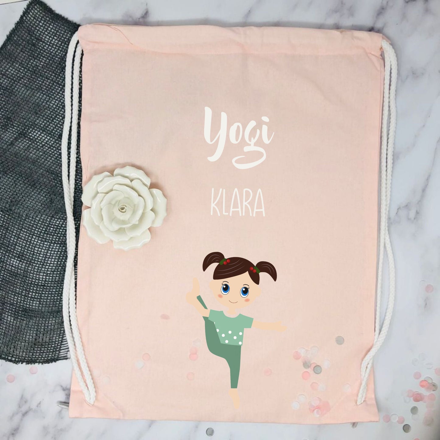 Turnbeutel Yoga Kita Kindergarten Stofftasche mit Name personalisiert Yoga Asanas - rosa grün grau hellblau weiß