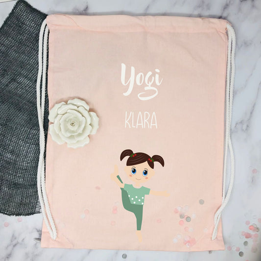Turnbeutel Yoga Kita Kindergarten Stofftasche mit Name personalisiert Yoga Asanas - rosa grün grau hellblau