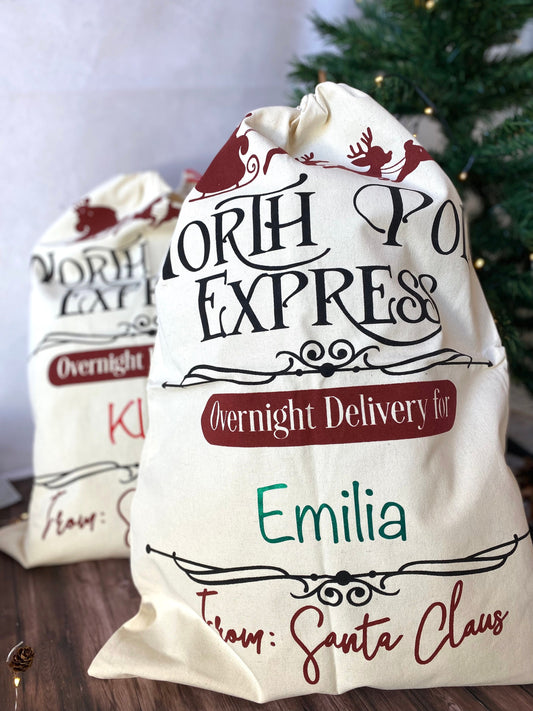 Nikolaussack Weihnachtsmann Sack Geschenkbeutel Weihnachten Jutesack groß Santa personalisiert mit Namen - North Pole Express