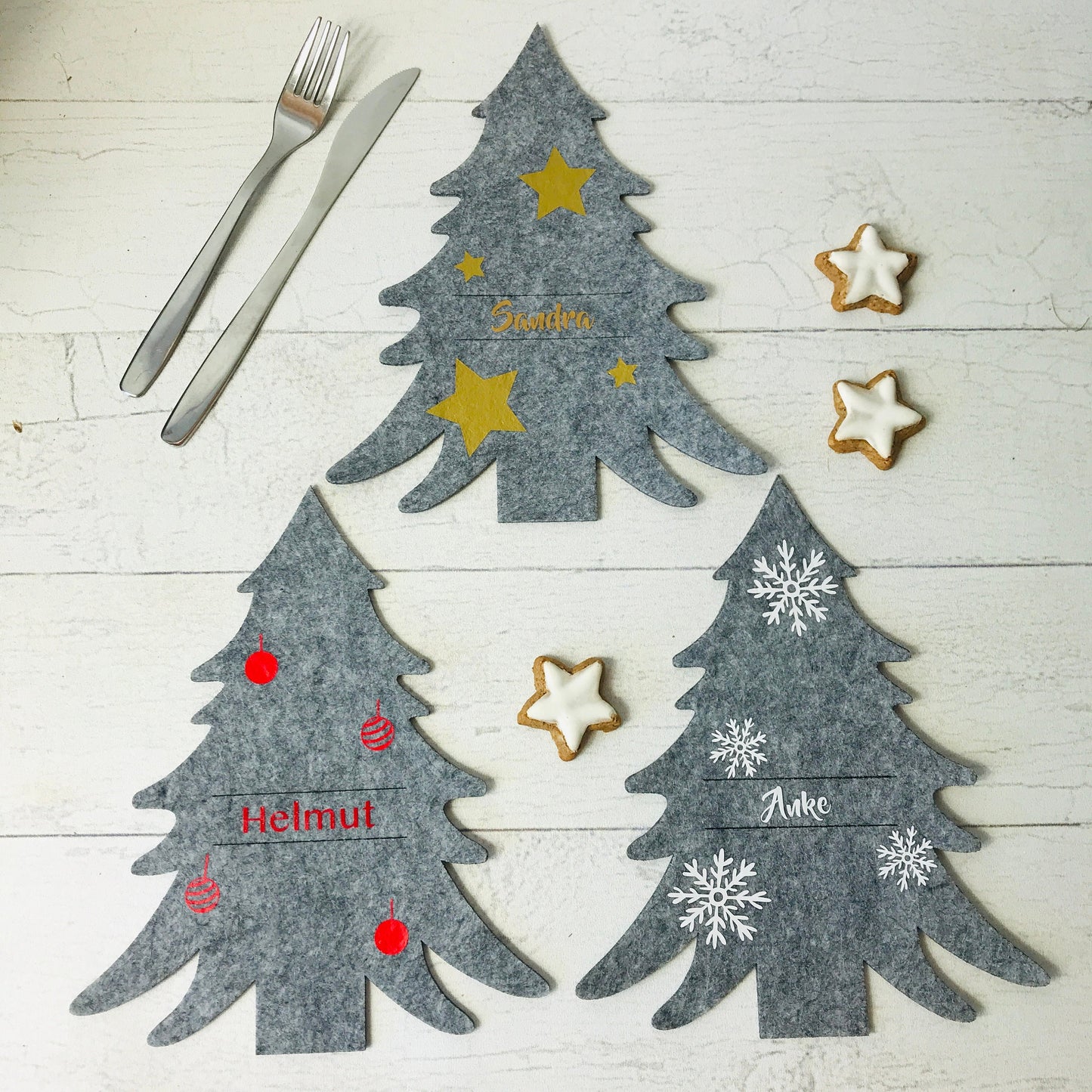 Tannenbaum Besteckhalter Set für Weihnachten aus Filz - personalisiert mit Namen - perfekt als Platzkarte - Design Schneeflocke