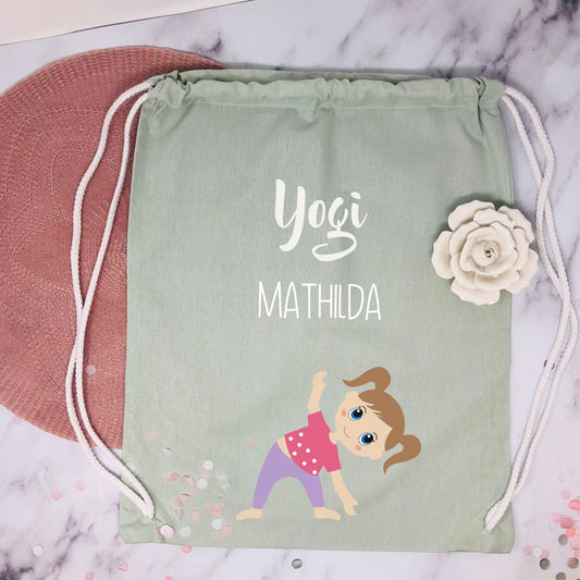 Turnbeutel Yoga Kita Kindergarten Stofftasche mit Name personalisiert Yoga Asanas - rosa grün grau hellblau weiß