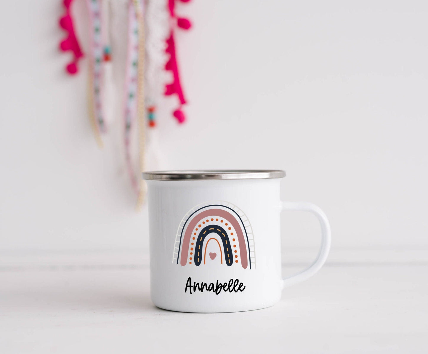 Kinderbecher mit Namen - Tasse Emailletasse Kindertasse Becher personalisiert - Regenbogen mit Namen