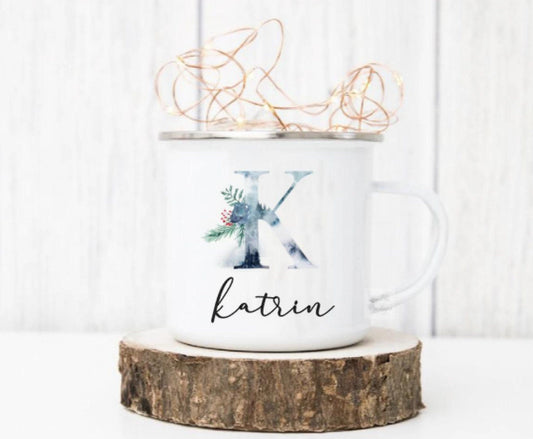 Emaille Tasse Weihnachten - personalisiert mit Initial und Namen - Design Wald