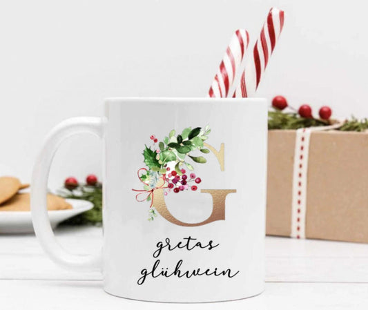 Keramik Tasse Weihnachten - personalisiert mit Initial und Namen - Design Greenery