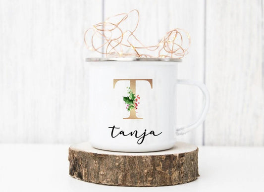Emaille Tasse Weihnachten - personalisiert mit Initial und Namen - Design Greenery
