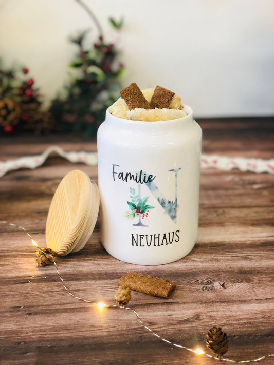 Keksdose personalisiert mit Namen, Geschenk Weihnachten, Mama, Oma, Plätzchendose, Vorratsdose Keramik mit Holzdeckel - Design Initial