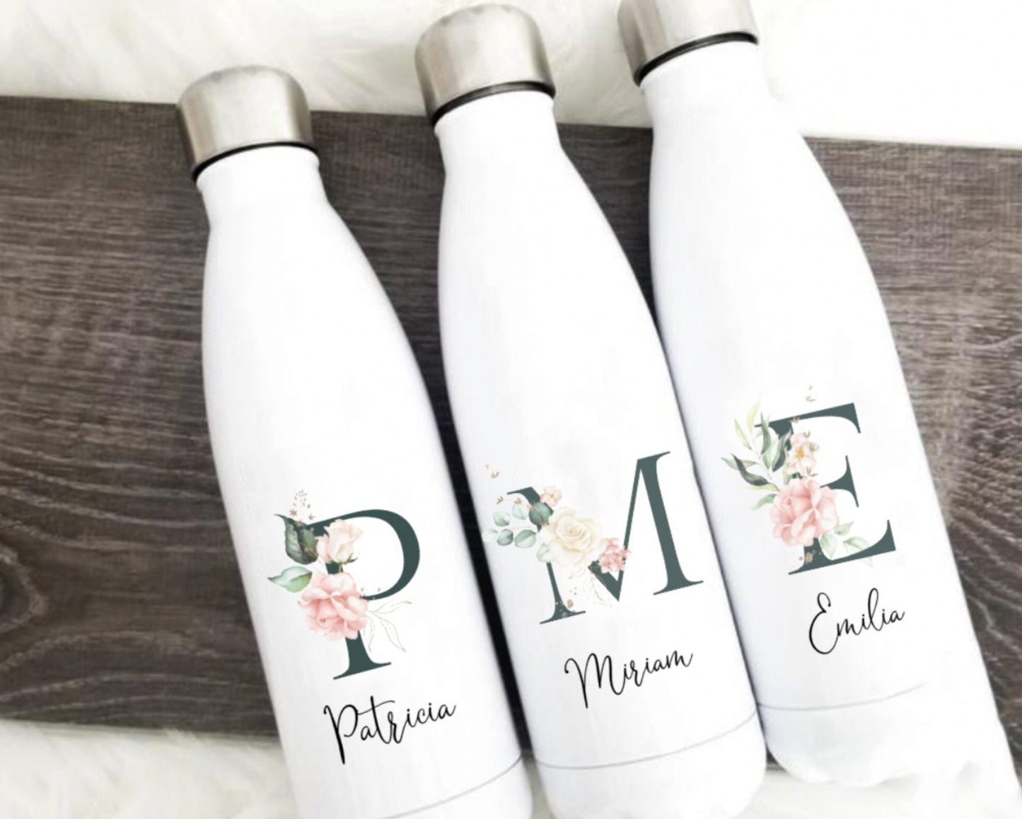 Thermoskanne Trinkflasche Edelstahl personalisiert mit Initial und Wunschwort - Design Peony - Muttertag, Geburtstag, Geschenk