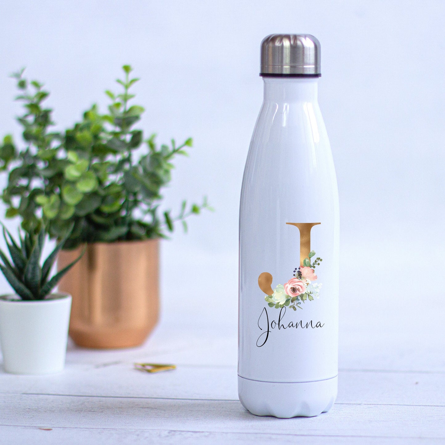 Thermoskanne Trinkflasche Edelstahl personalisiert mit Initial und Wunschwort - Design BLUSH - Muttertag, Geburtstag, Geschenk