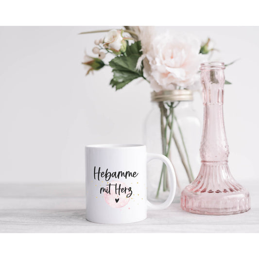 Tasse Hebamme mit Herz rosa - personalisiert - Geschenk Dankeschön für die Hebamme - Kaffeetasse mit Namen