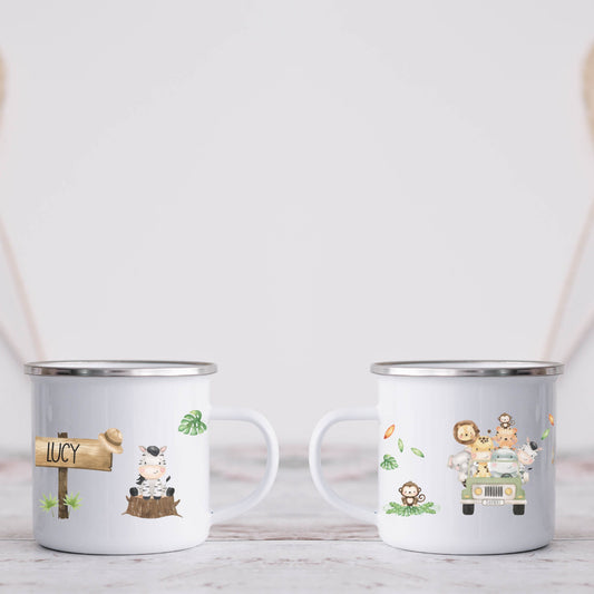 Kinderbecher mit Namen - Tasse Emailletasse Kindertasse Becher personalisiert - Safari Tiere