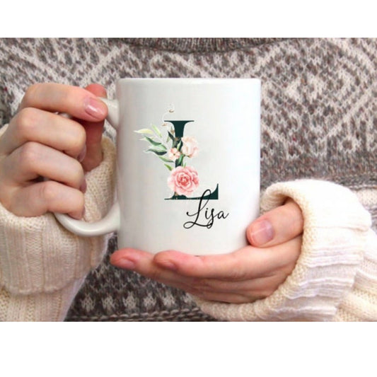 Geschenk für Sie - Tasse Becher personalisiert mit Initial und Namen - PEONY