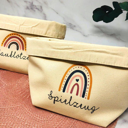 Utensilo Aufbewahrungskörbchen Kinderzimmer Baby Stoff natur personalisiert mit Namen und Regenbogen
