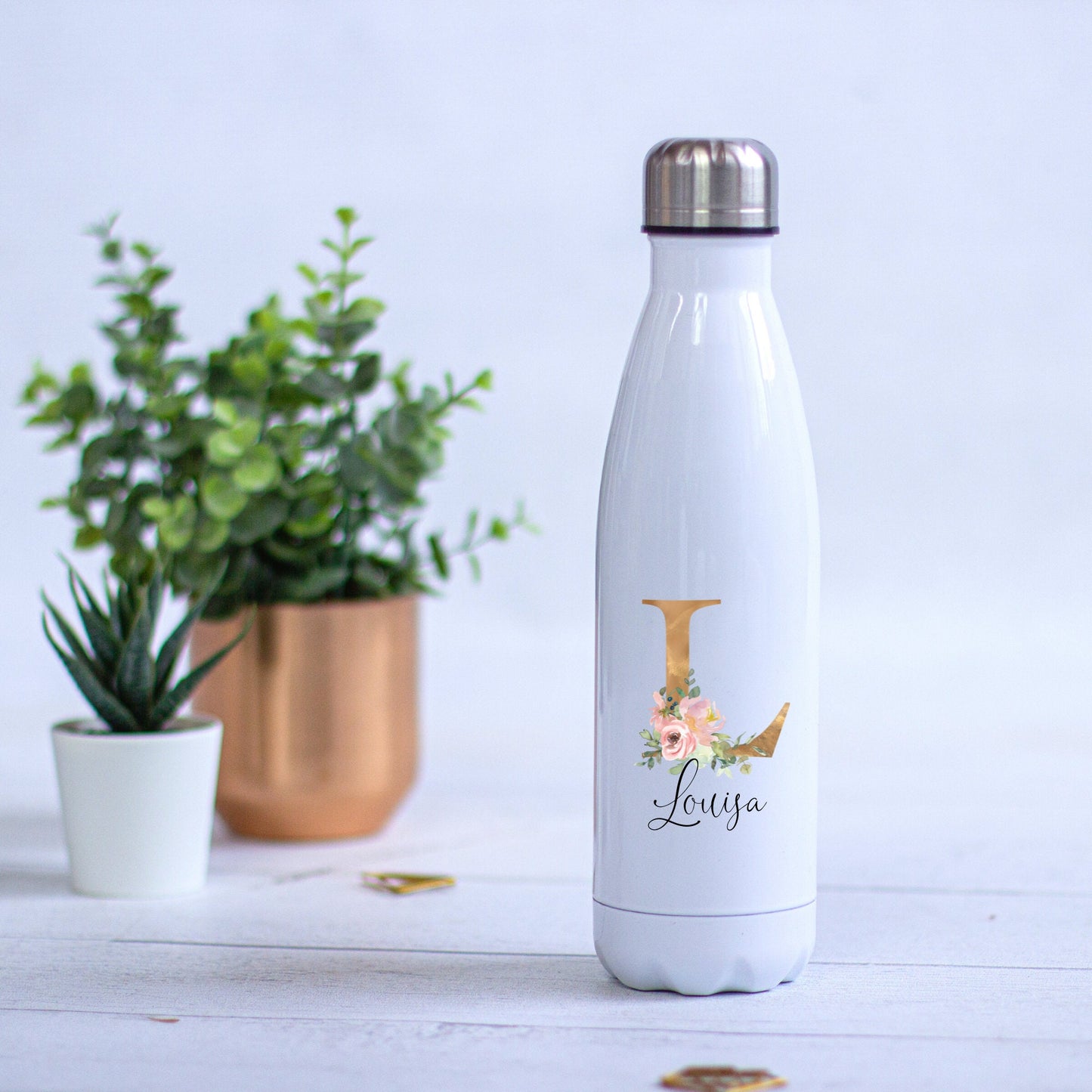 Geschenk für die Erzieherin, Thermosflasche, Trinkflasche Edelstahl - personalisiert mit Initial und Wunschwort - Design BLUSH
