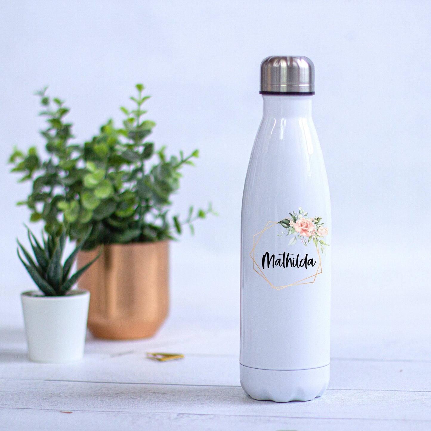 Thermoskanne Trinkflasche Edelstahl personalisiert Blumenrahmen Gold - Design PEONY - tolle Geschenkidee für Sie!