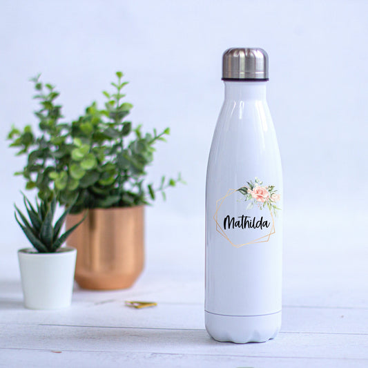 Thermoskanne Trinkflasche Edelstahl personalisiert Blumenrahmen Gold - Design PEONY - tolle Geschenkidee für Sie! T1
