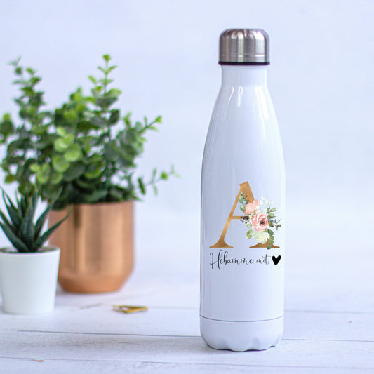 Thermoskanne Trinkflasche Edelstahl personalisiert mit Initial und Wunschwort - Design BLUSH , Geburtstag, Geschenk für die Hebamme