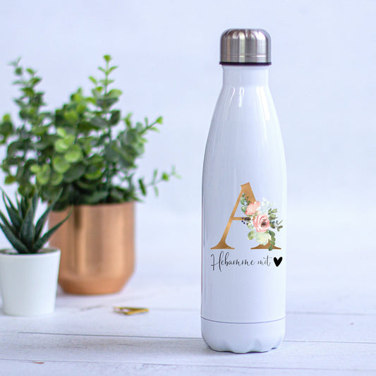 Thermoskanne Trinkflasche Edelstahl personalisiert mit Initial und Wunschwort - Design BLUSH , Geburtstag, Geschenk für die Hebamme, T1