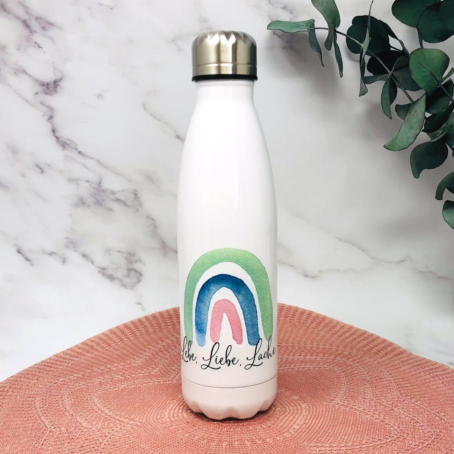 Thermoskanne Trinkflasche personalisiert mit Regenbogen und Namen - toll für Schule, KiTa - Geschenk für die Kollegen im Homeoffice