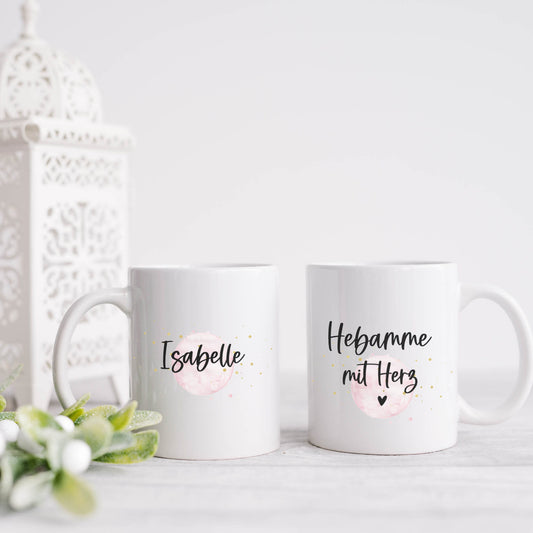 Tasse Hebamme mit Herz rosa - personalisiert - Geschenk Dankeschön für die Hebamme - Kaffeetasse mit Namen