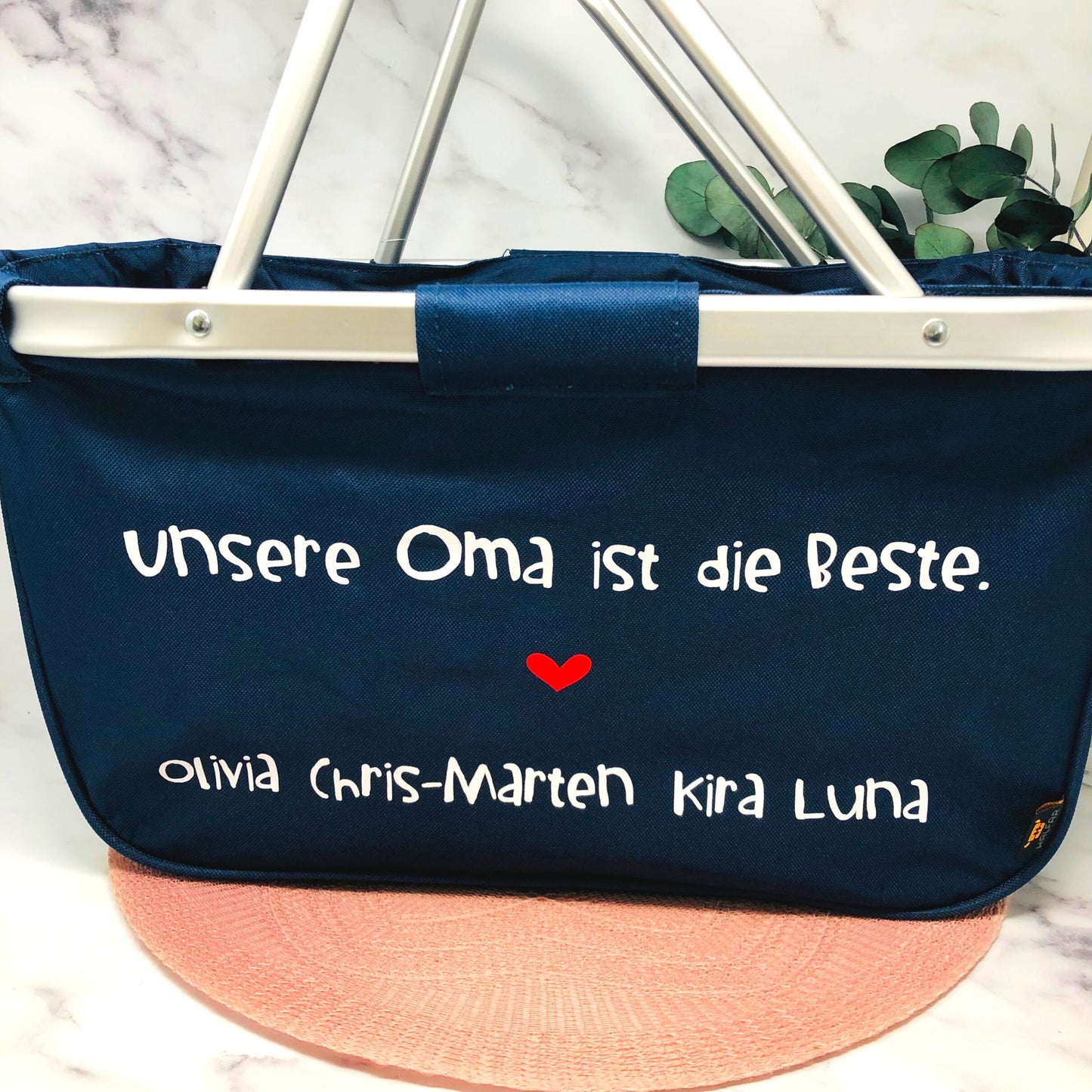 Geschenk für die Oma - Einkaufskorb "Meine oder Unsere Oma ist die Beste" -faltbar- Farbe blau navy -auch personalisiert mit Namen der Enkel