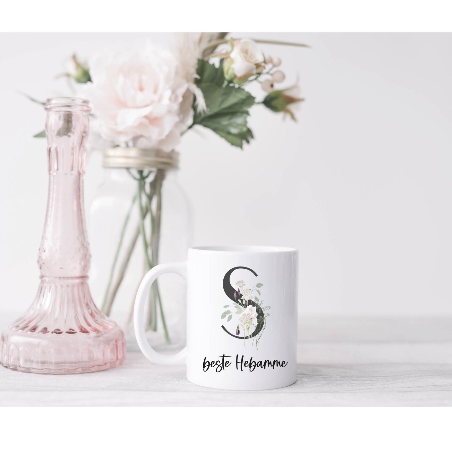 Geschenk Hebamme, Kaffeebecher Wildblumen - beidseitig bedruckt - personalisiert - Dankeschön, Geburtstag Geburt beste Hebamme Wild Flowers