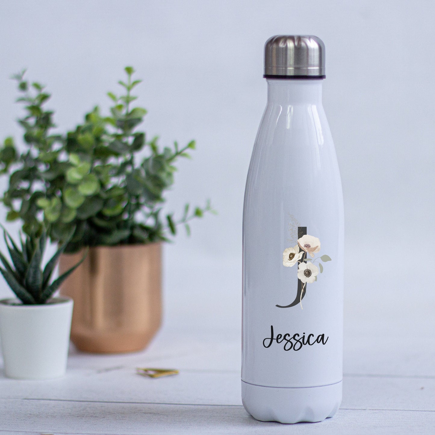 Geschenk für die Hebamme, Trinkflasche Edelstahl personalisiert mit Initial und Wunschwort - Design WILDBLUMEN , Geburtstag,Danke Hebamme T1