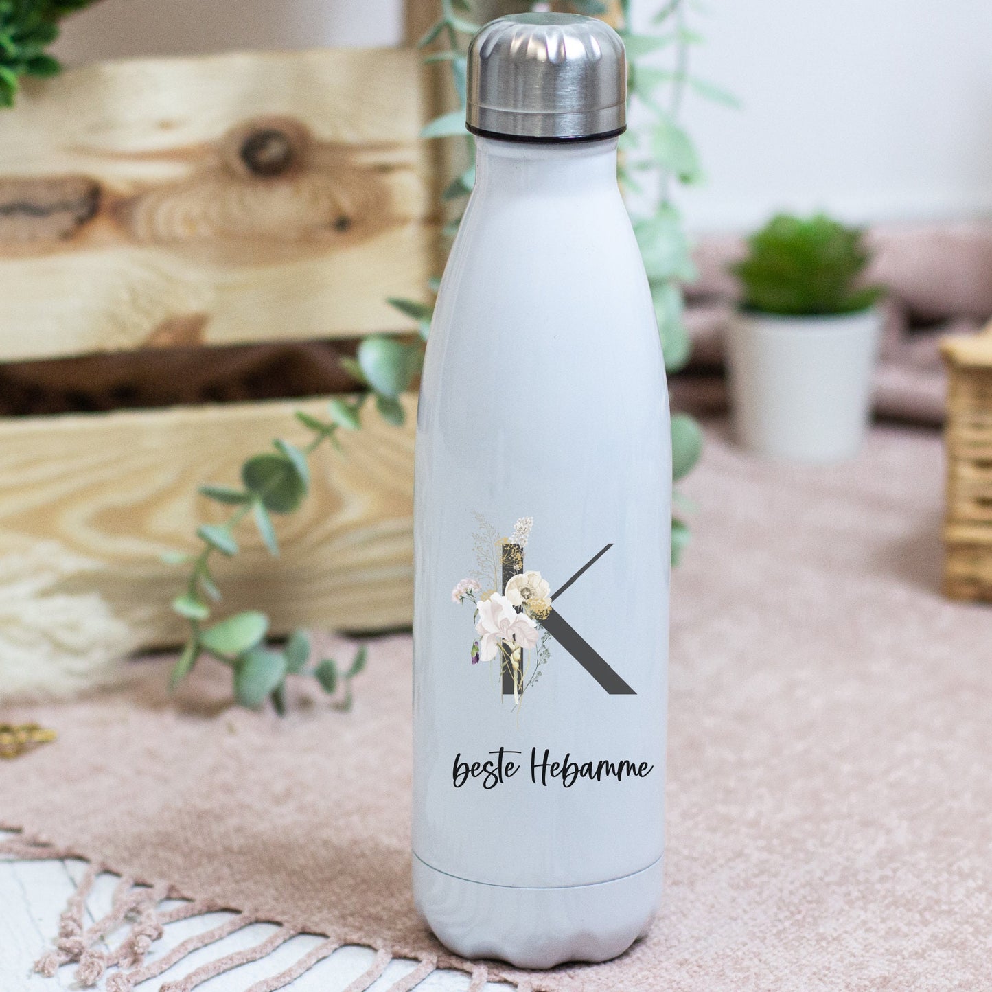 Geschenk für die Hebamme, Trinkflasche Edelstahl personalisiert mit Initial und Wunschwort - Design WILDBLUMEN , Geburtstag,Danke Hebamme T1