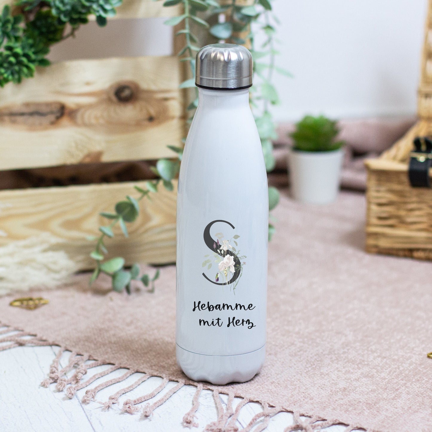 Geschenk für die Hebamme, Trinkflasche Edelstahl personalisiert mit Initial und Wunschwort - Design WILDBLUMEN , Geburtstag,Danke Hebamme T1