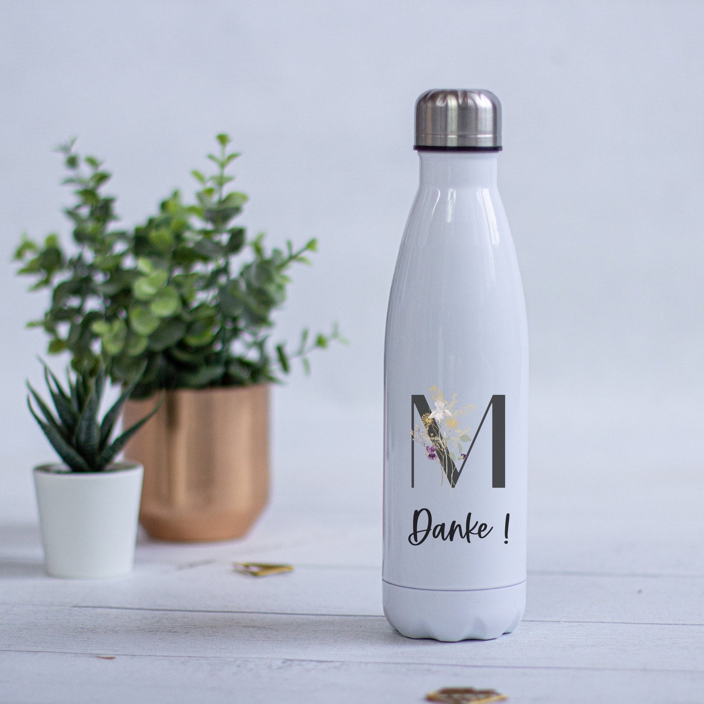 Geschenk für die Hebamme, Trinkflasche Edelstahl personalisiert mit Initial und Wunschwort - Design WILDBLUMEN , Geburtstag,Danke Hebamme T1
