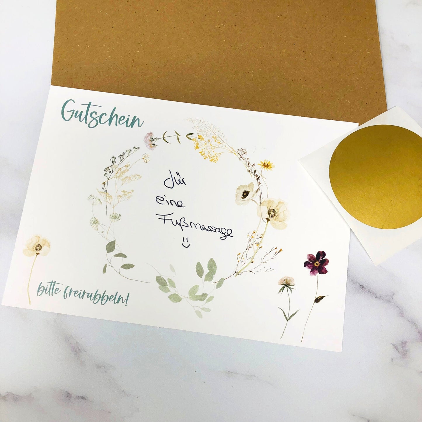 Karte Rubbelkarte DIY zum selber beschriften - personalisiert - Wildblumen gold Gutschein