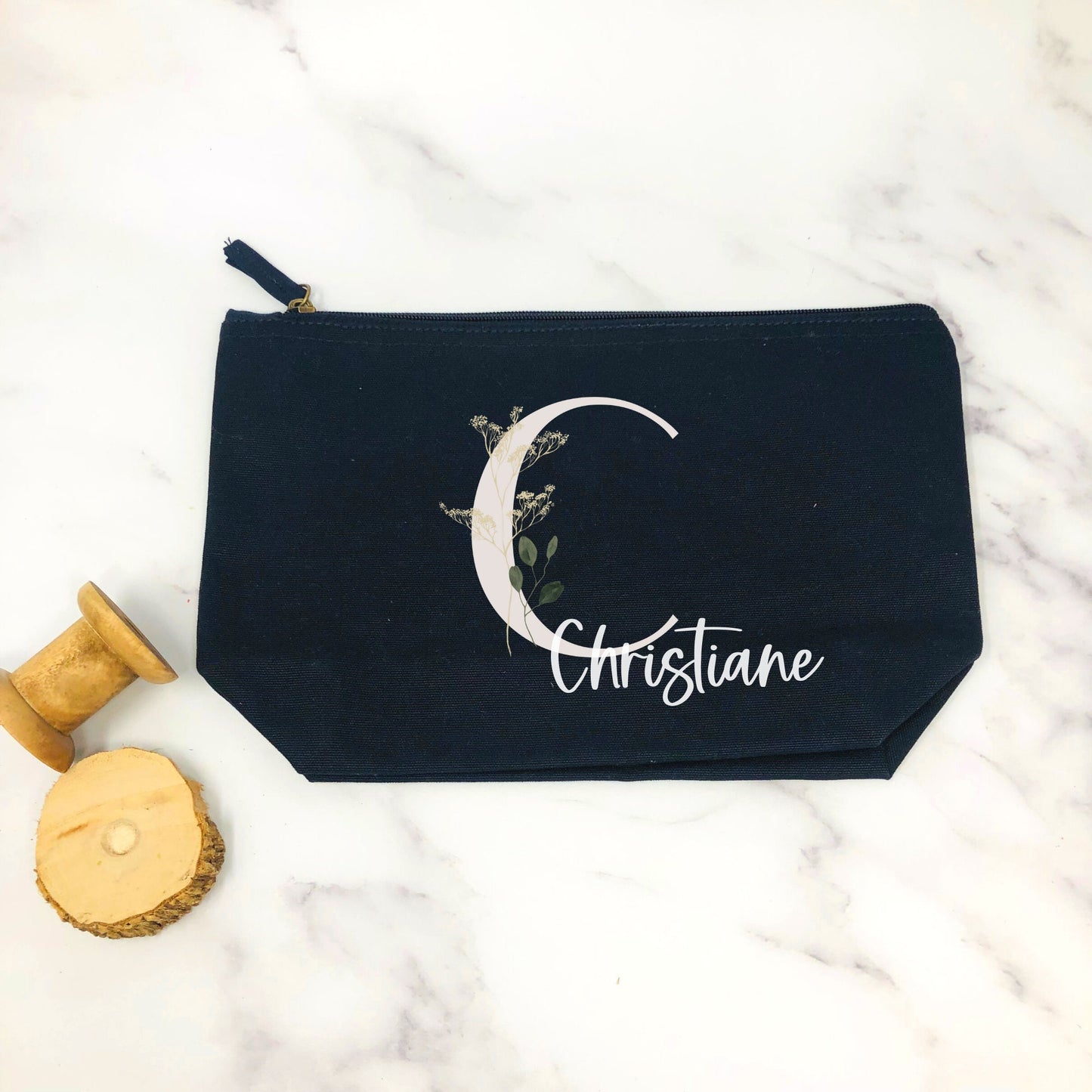 Kosmetikbeutel personalisiert mit Initial und Wunschwort - Geschenk beste Freundin Schwester Mama - verschiedene Farben - Wildblumen